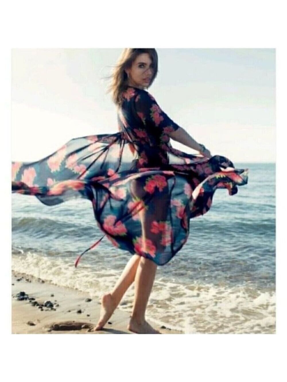 Zara Blue Maxi Wrap Dress Sheer Floral Chiffon V-Neck Short Flutter Sleeve S - Picture 6 of 15